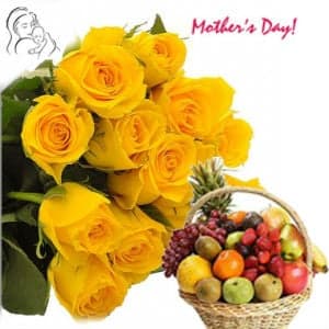 10 Yellow Roses Bunch with 4kg Mix Fruit Basket